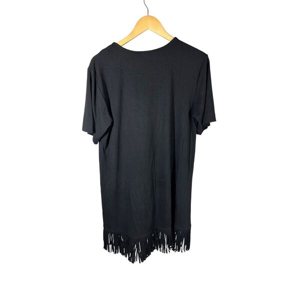 Karen Kane Black V-Neck Soft Knit Fringe Hem Dress Short Sleeve Summer Medium - Picture 2 of 10